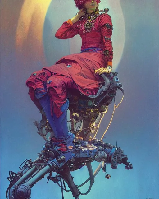 Image similar to rainbow flowerpunk portrait of a strict matriarch, on an aircraft, by paul lehr, beksinski, jesper ejsing, alphonse mucha