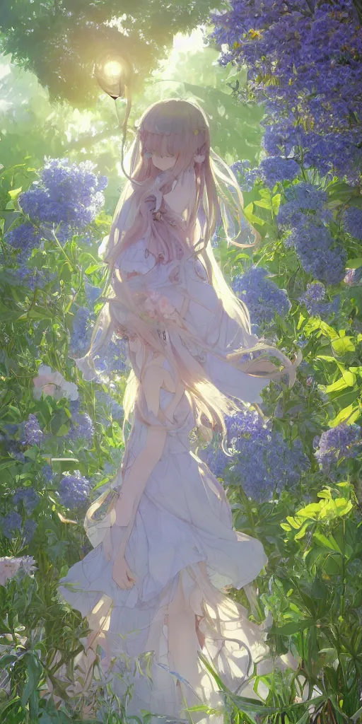 Image similar to a digital art of a loli with long hair in a dress in the privet garden at after noon, green and warm theme, mediumslateblue flowers, back lighting, by krenz cushart and mucha and akihito yoshida and greg rutkowski and makoto shinkai, highly detailed, 4 k resolution, trending on art station