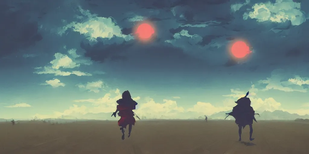 Image similar to Rule of Thirds focusing on Jesus christ representing a samurai running, jesus happy, Portrait, Very Cloudy Sky, Sun, Neon Lights, Rule of Thirds, perspective, Retrofuturism, Studio Ghibli, Simon Stålenhag