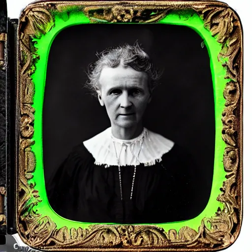 Image similar to Wet plate photography of Marie Curie wearing eerily glowing neon uranium jewelry