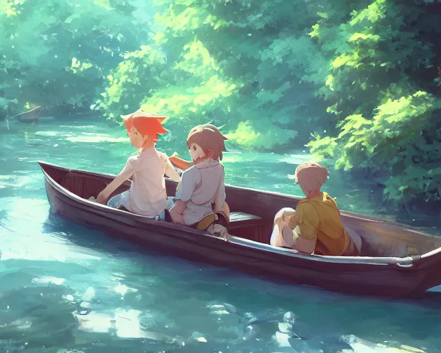 Image similar to a boy and a girl sitting together in a boat on a streams. Trees. By Makoto Shinkai, Stanley Artgerm Lau, WLOP, Rossdraws, James Jean, Andrei Riabovitchev, Marc Simonetti, krenz cushart, Sakimichan, trending on ArtStation, digital art.