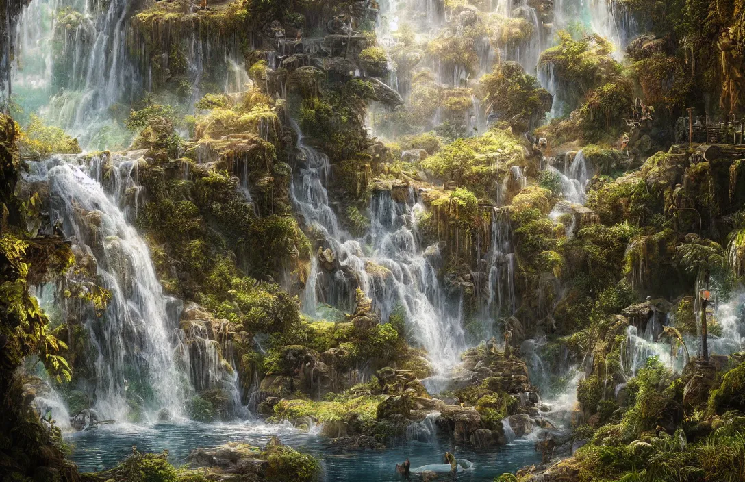 Image similar to a highly detailed textured waterfall, detailed dreamscape, hyperreal phantastic, intricate details in environment, golden ratio, high aestehtic, cinematic light dramatic light, lightrays, distance, photobash, wideangle, hyperreal 4 k