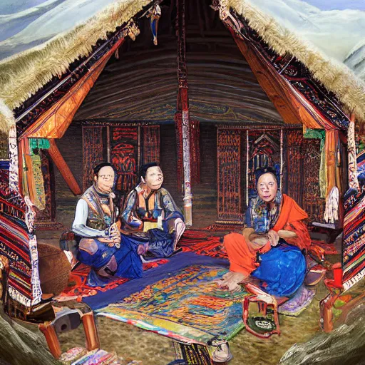 Prompt: portrait of smart tai warlords sit in tai ethnic group traditional tent, tai interior decoration, oil painting, fantasy, detailed and intricate environment