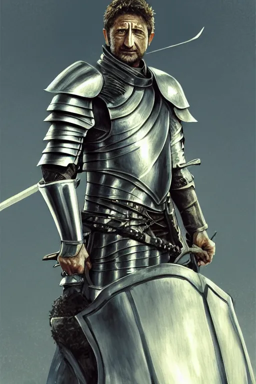 Image similar to portrait gerard butler as a knight with melon armor, greek, intricate, headshot, key visual, conceptart, ambient lighting, highly detailed, digital painting, artstation, concept art, sharp focus, by makoto shinkai and akihiko yoshida and greg manchess