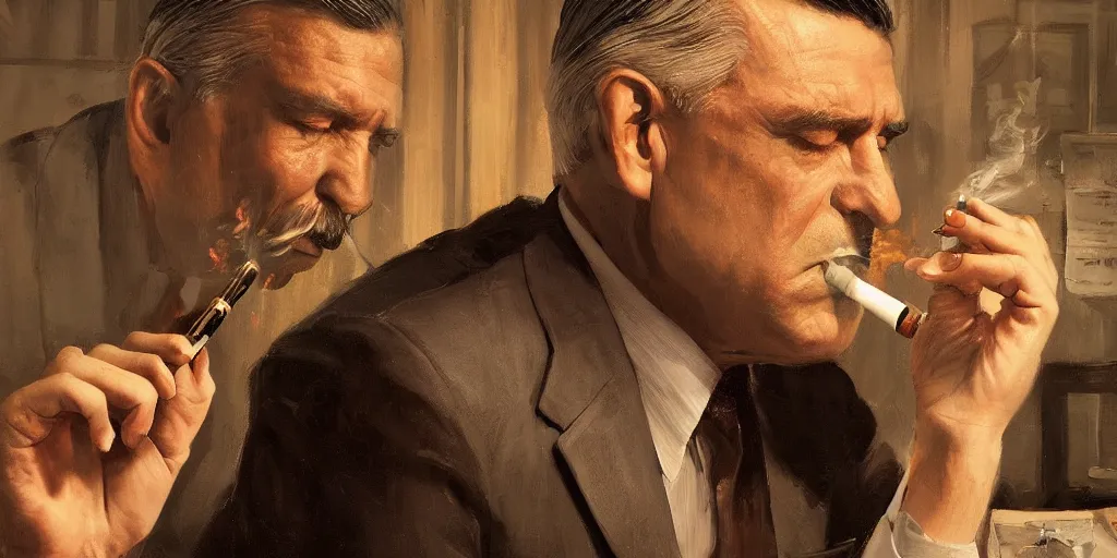 Image similar to beautiful oil matte portrait painting, mafia boss smoking at his 5 0 s new york office desk, wonderful masterpiece highly detailed, beautiful cinematic light deep focus, elegant, digital painting, smooth, sharp focus, golden ratio, dramatic illumination, ultra realistic, 8 k, art by jimmy law