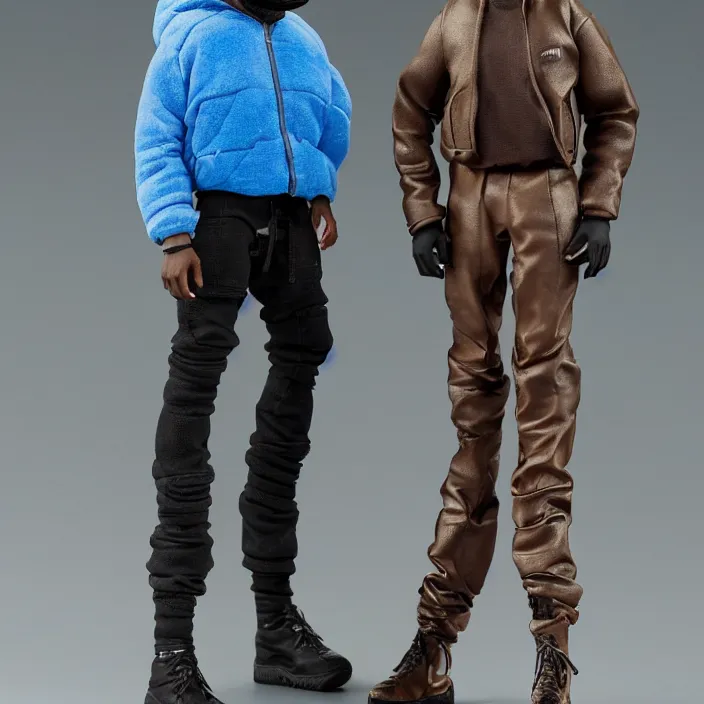 Image similar to kanye west, a hot toys figure of kanye west using a black face - covering mask with small holes, a blue overinflated puffer jacket and black rubber boots, figurine, detailed product photo