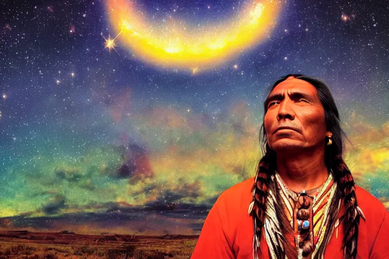 Prompt: picture spiritual native american man looking up at the stars, realism, photograph, vibrant colors, complex background,