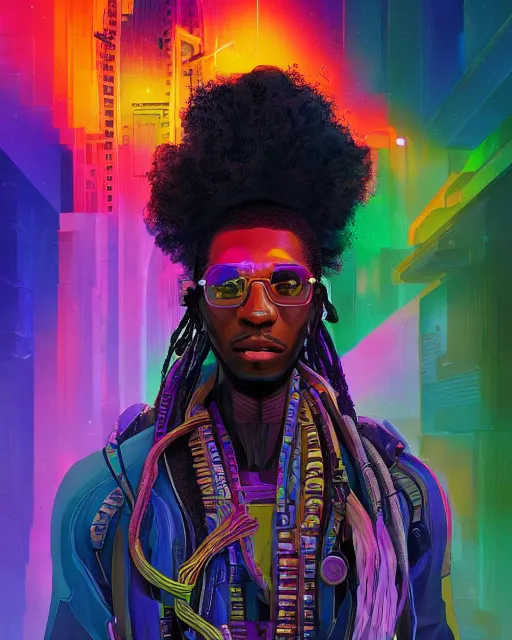 Image similar to colorful portrait of a black male hippie with cybernetics and a natural hair style, but set in the future 2 1 5 0 | highly detailed | very intricate | symmetrical | professional model | cinematic lighting | award - winning | painted by mandy jurgens | pan futurism, dystopian, bold psychedelic colors, cyberpunk, anime aesthestic | featured on artstation