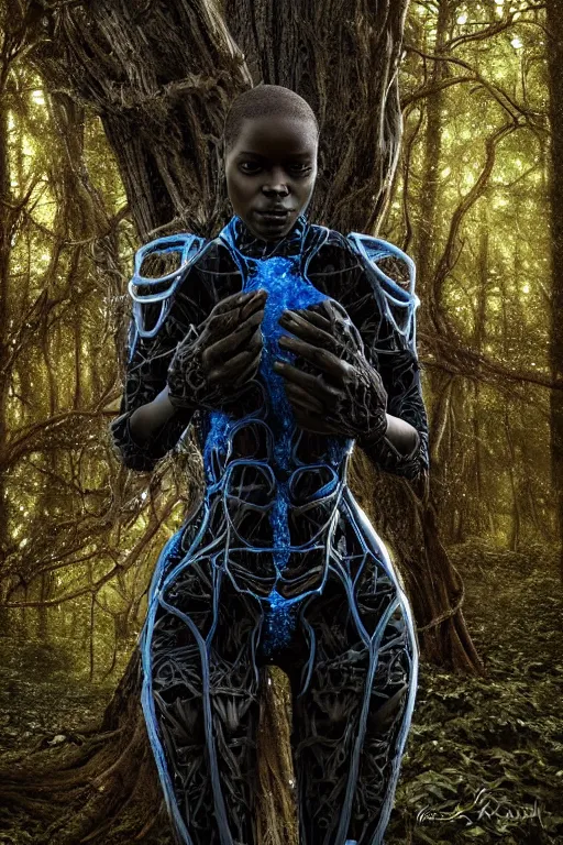 Prompt: hyperrealistic very beautiful! black woman with detailed exoskeleton armor, touching tree, in a forest, digital art brad kunkle elson peter, dramatic blue light low angle hd 8k sharp focus