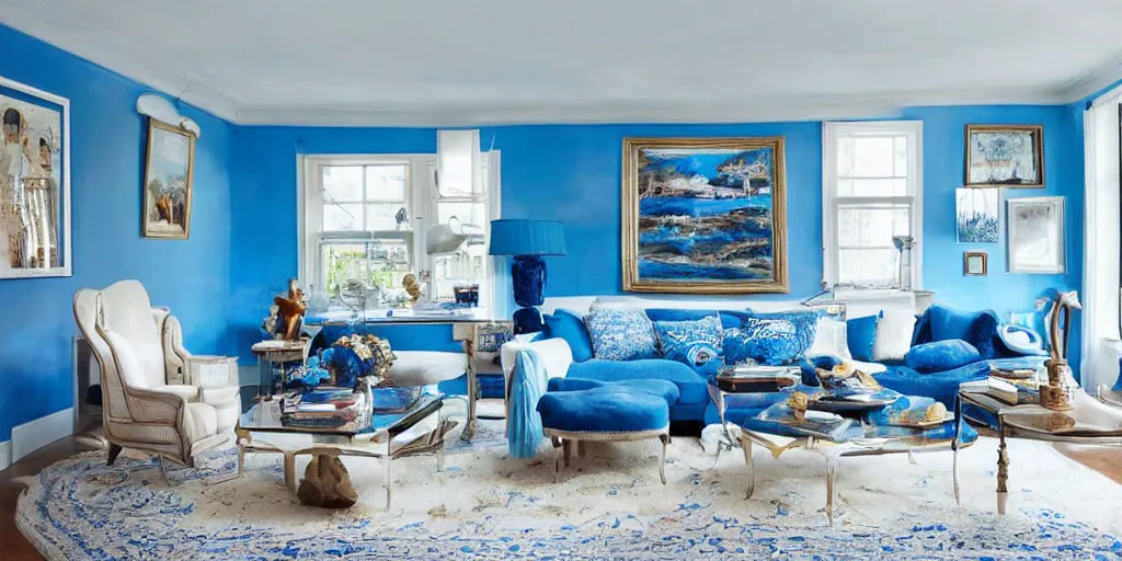 Prompt: ultra wide photo the ultimate essence of blue, a residential interior that's completely a solid bright blue on every surface and every item, blue personified, thick overflowing paint and poofy blue couches, really really really blue. a large photograph on the wall is a picture of blue ocean waves. blue, blue, more blue, photorealistic, hyperreal