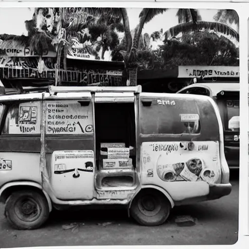 Image similar to old polaroids of futuristic african mobile market places in lagos traffic, side of taxi as fruit stand, digital advertising screens