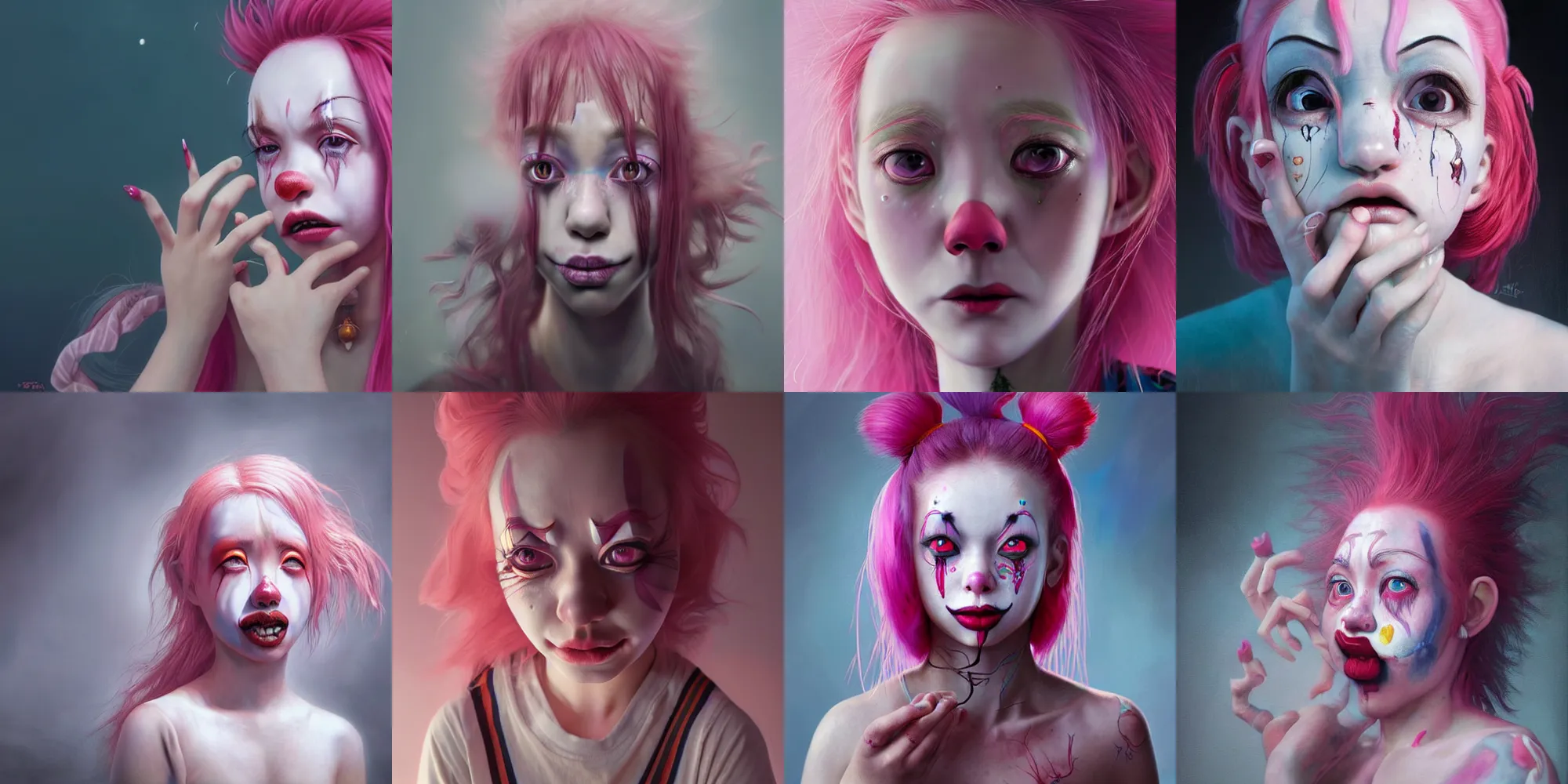 Image similar to breathtaking detailed painting of clown girl crying, pink hair, with anxious, piercing eyes, james jean, miho hirano, extremely moody lighting, hyperrealistic, octane render, rpg portrait, ambient light, dynamic lighting