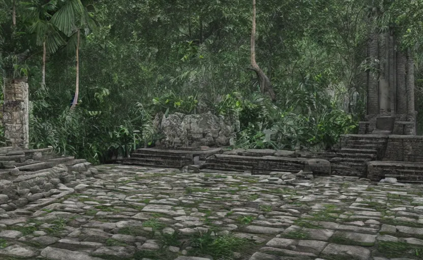 Image similar to Fashion Runway!, Catwalk!!, Platform in a Maya Temple in the Rainforest, Concept Art, Octane, Redshift, 4k