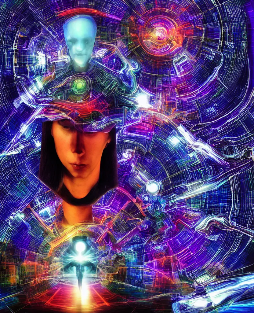 Prompt: techno - spiritual futurist machine savior, perfect future, award winning digital art