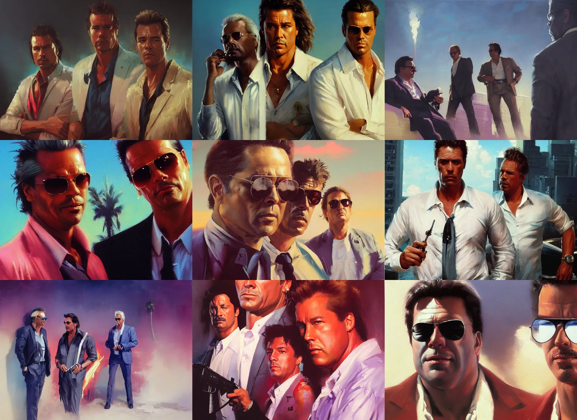 Prompt: an oil painting portrait of eighties miami vice, crockett and tubbs, ultra realistic, highly detailed, masterpiece, cinematic by frank frazetta, greg rutkowski, beeple, yoko taro, christian macnevin, beeple, wlop, krenz cushart, epic fantasy character art, volumetric lighting, cgsociety