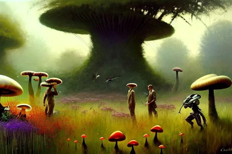 Prompt: surreal painting by craig mullins and greg rutkowski, garden wild flowers + poison mushrooms + long grass + garden dwarfs repairing giant mosquito, 7 0's vintage sci - fi style, rule of third!!!!, cinematic