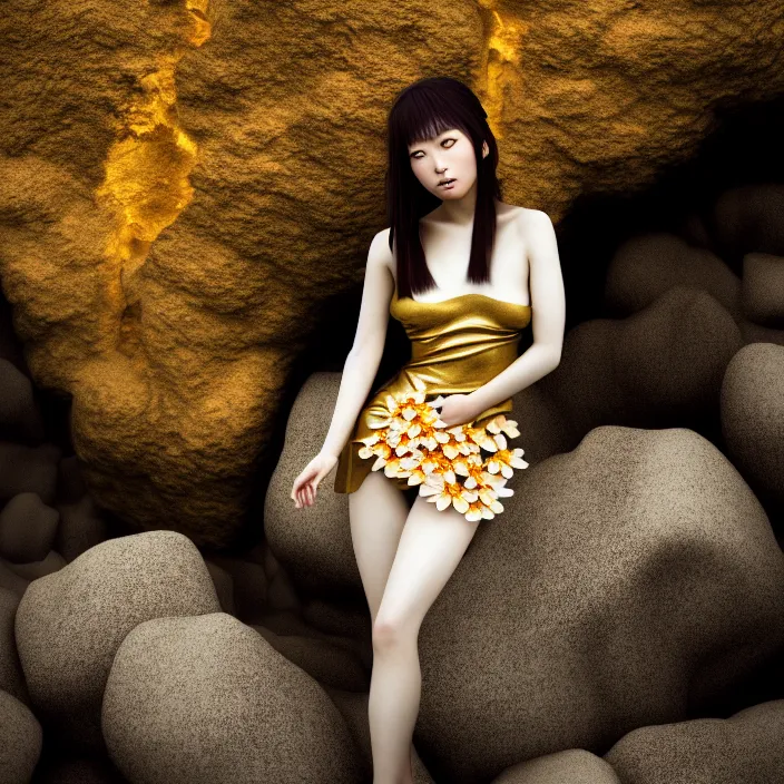 Prompt: Kodak Portra 400, 8K, soft light, volumetric lighting, highly detailed, Rena Nounen style 3/4 ,portrait photo of a Japanese ravishing Goddess by WLOP, the face emerges from a lava flowing gold travertine terraces with lotus flowers, inspired by Ophelia paint , a beautiful chic dress and hair are intricate with highly detailed realistic beautiful flowers , Realistic, Refined, Highly Detailed, ethereal lighting colors scheme, outdoor fine art photography, Hyper realistic, photo realistic