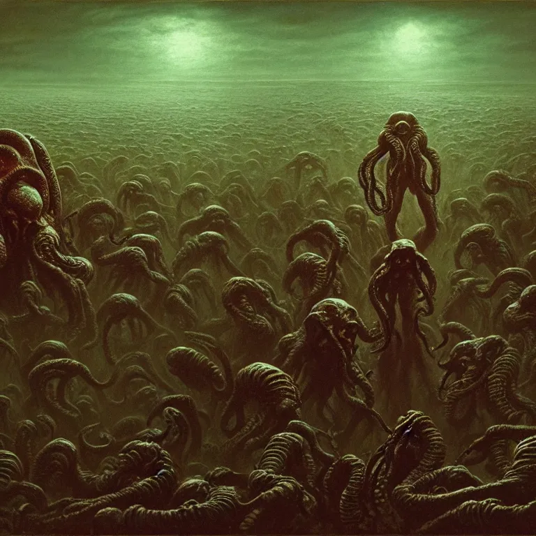 Image similar to a cinematic scene from the cthulhu fighting against the soldiers in nevada test side, lovecraft, concept art by beksinski and jean delville, dramatic lighting, ultra hd, hdr, 8 k