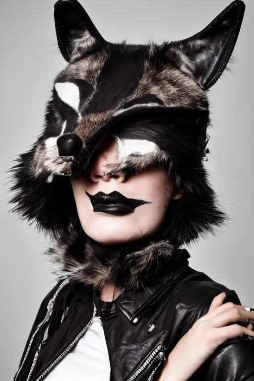 Prompt: photographic portrait of a punk girl in a leather jacket wearing a wolf's head over her face, high fashion, style magazine shoot, cool punk with wolf on her head