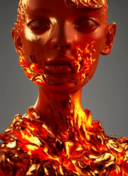 Image similar to sculpture made of flame, portrait, female, future, torch, fire, harper's bazaar, vogue, fashion magazine, intricate, concept art, close up, ornate, luxury, elite, elegant, trending on artstation, by ruan jia, by Kenneth Willardt, by ross tran, by WLOP, by Andrei Riabovitchev,