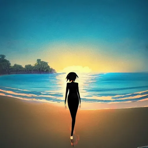 Image similar to Beautiful woman walking on a beach, anime art style inspired, high quality, trending, sunset