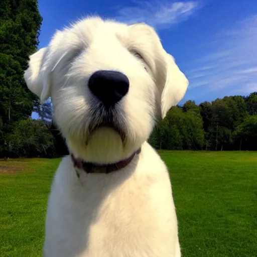 Prompt: a big white dog with a man face