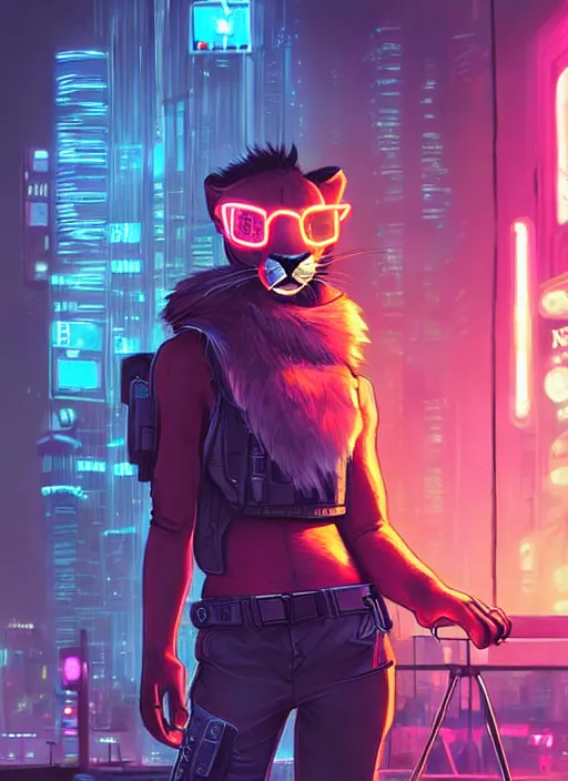 Image similar to beautiful portrait commission of a female furry anthro mountain lion wearing a bullet proof vest and cargo pants. Cyberpunk city at night in the rain. Neon light. Atmospheric. Character design by charlie bowater, ross tran, artgerm, and makoto shinkai, detailed, inked, western comic book art
