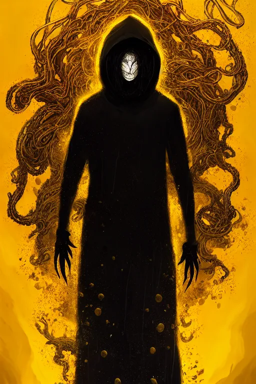 Image similar to A full body portrait of a mysterious character with no face with a very long hooded yellow cloak, a golden crown floating above his head tentacles coming out the ground art by Maciej Kuciara and Jason Chan, ominous, cosmic horror, trending on artstation, Ultra detailed, hyper realistic 4k