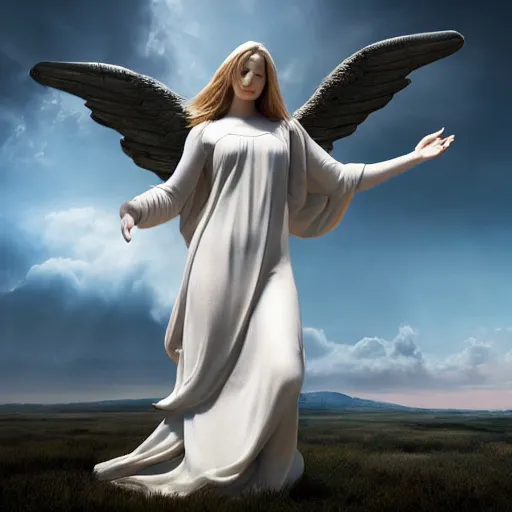 Image similar to gigantic biblical depiction of an angel mixed with a woman, towering over a vast landscape, cinematic, realistic, photorealistic, detailed, white body, global illumination, volumetric lighting, 8 k, beautiful, majestic clouds