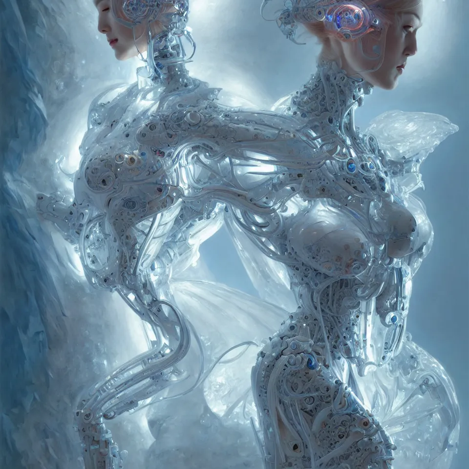 Image similar to organic cyborg, Chinese ice carving, diffuse lighting, fantasy, intricate, elegant, highly detailed, lifelike, photorealistic, digital painting, artstation, illustration, concept art, smooth, sharp focus, art by John Collier and Albert Aublet and Krenz Cushart and Artem Demura and Mucha and James Jean