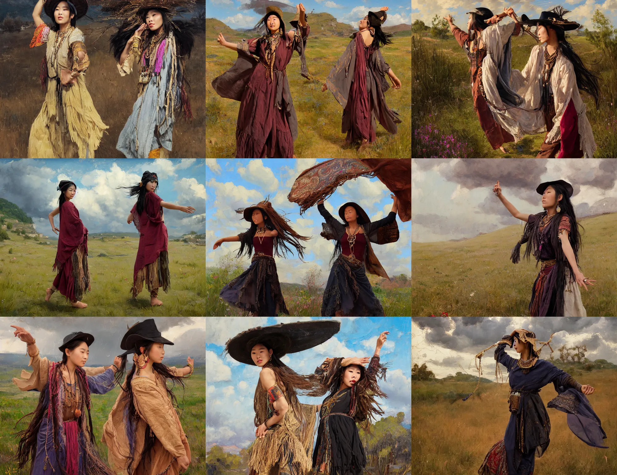 Prompt: portrait of medieval farmer fashionable young asian woman with wooden jewelry, frantic dancing pose, back view, mediterranean features, wearing rich jewerly and hat and boho poncho, shaman witch, fantasy character close up portrait, extremely strong wind, thunder clouds in the sky, artwork by Jeremy Lipkin and Giuseppe Dangelico Pino and Michael Garmash and rob rey, levitation, industrial rusty pipes, simple form, brutal shapes