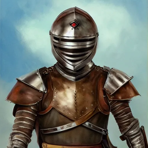 Prompt: realistic painting character portrait young scarred captain knight with a steel breastplate, short brown hair and stubble. straight nose, brown eyes, lean face and build. fighting with a longsword, no helmet. hyper detailed