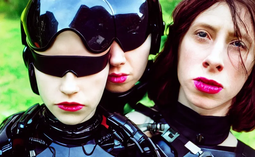 Image similar to cinestill 5 0 d photographic portrait by helen levitt of two loving female cyborgs kiss wearing black techwear in a retrofuturist garden, extreme closeup, modern cyberpunk, 8 k, hd, high resolution, 3 5 mm, f / 3 2, ultra realistic faces, intricate detail, ex machina