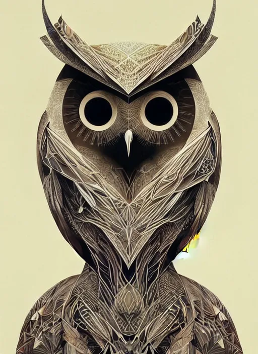 Image similar to portrait of a geometric owl, identical eyes, medium shot, illustration, full body made of white feathers, symmetrical, art stand, super detailed, cinematic lighting, and its detailed and intricate, gorgeous, by peter mohrbacher