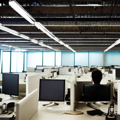 Prompt: a lone person working in a huge room full of cubicles, the only light is coming from his desk