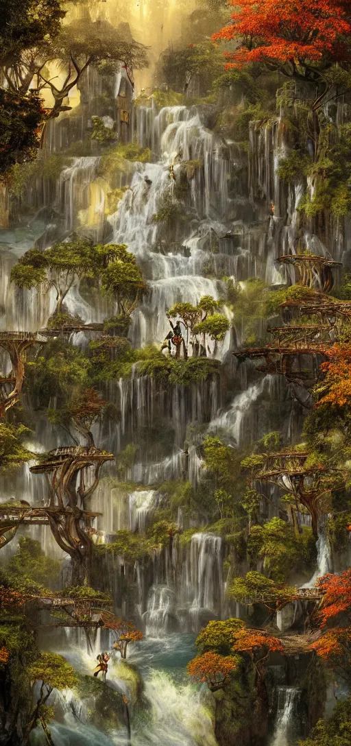 Image similar to wooden elven City with golden roofs, arches and bridges on top of a WATERFALL in the fall, gnarly trees, lush vegetation, forrest, a small stream runs beneath the waterfall, landscape, raphael lacoste, eddie mendoza, alex ross, john howe, concept art, matte painting, highly detailed, rule of thirds, dynamic lighting, cinematic, detailed, denoised, centerd, clean render