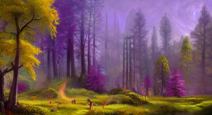 Prompt: A professional digital landscape painting of The Feywild forests overlooking a mansion, painted by Terese Nielsen, 4k, digital art, highly detailed, upper body shot, shallow depth of field, purple and yellow lighting, professional lighting, airbrush