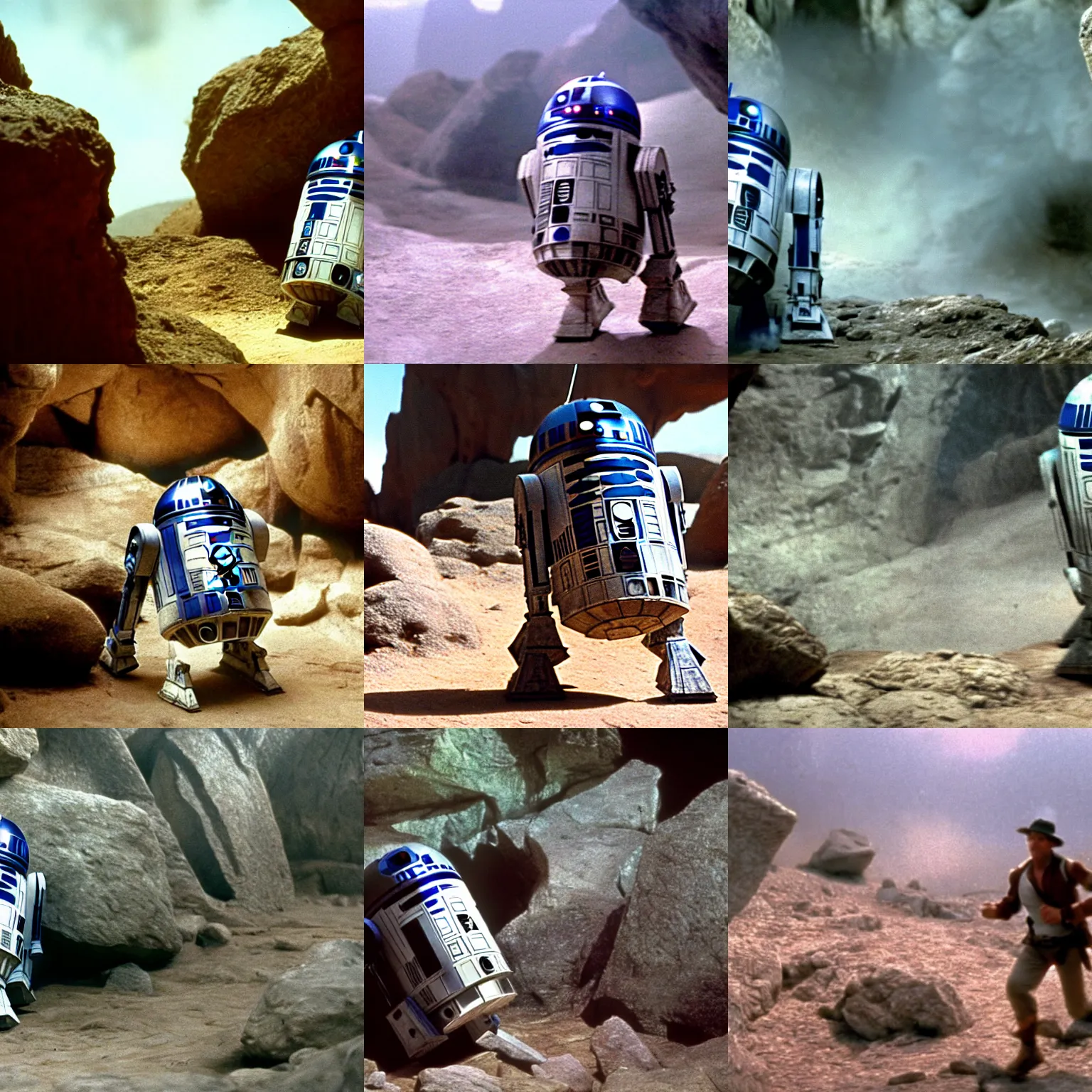 Prompt: R2-D2 running from a large boulder in a cave, film still from Indiana Jones