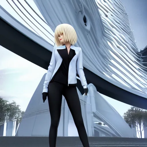 Image similar to platinum - blonde - haired long bob cut blue - eyed princess wearing white leggings and black jacket, standing next to communist monument, futuristic paris, anime, hd anime wallpaper, hyperrealistic lighting, octane render, volumetric lighting, drawn by artgerm