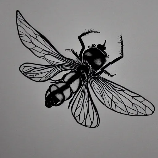 Image similar to house fly, black and white, botanical illustration, black ink on white paper, bold lines