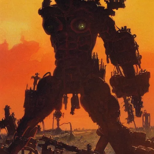 Prompt: graveyard of cyborgs backlight sunset panorama by frazetta