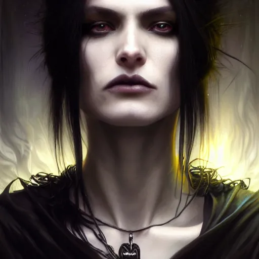 Image similar to portrait painting of an androgynous witch with shoulder length flowing black hair pale skin and beautiful dark brown eyes wearing a punk clothes, ultra realistic, concept art, intricate details, eerie, highly detailed, photorealistic, octane render, 8 k, unreal engine. art by artgerm and greg rutkowski and magali villeneuve and alphonse mucha