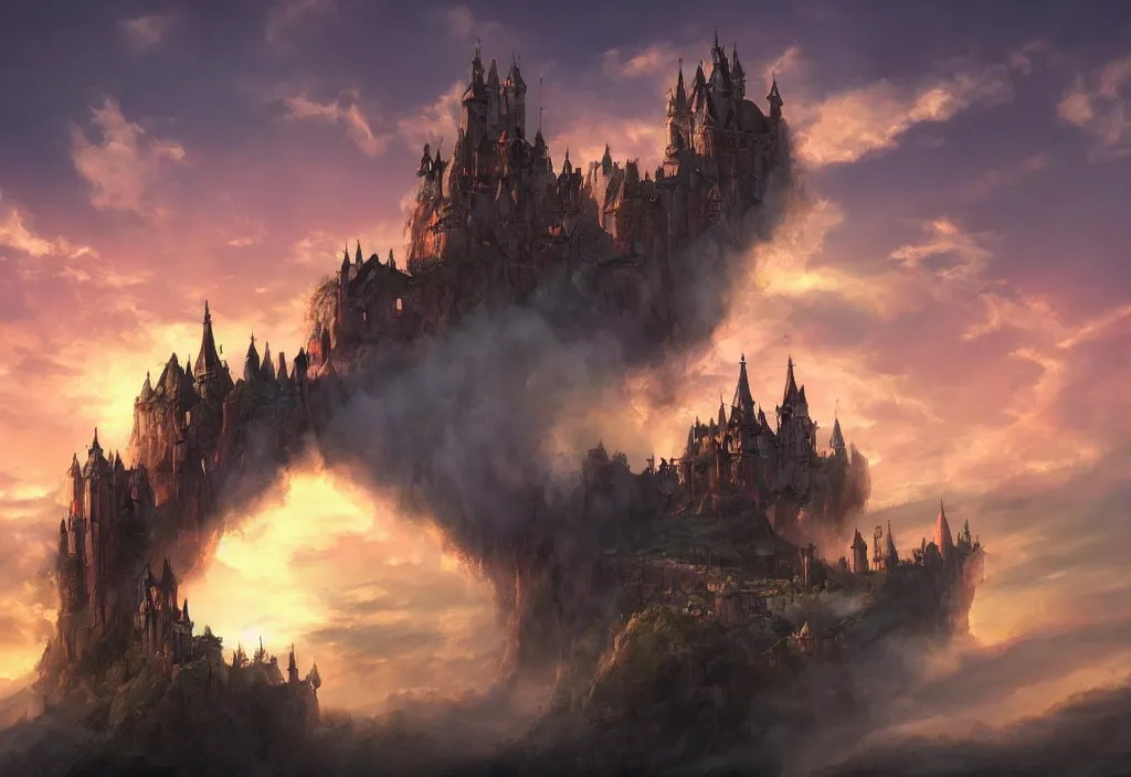 Prompt: a magical castle on the clouds, sunset, epic, trendy on artstation, concept art