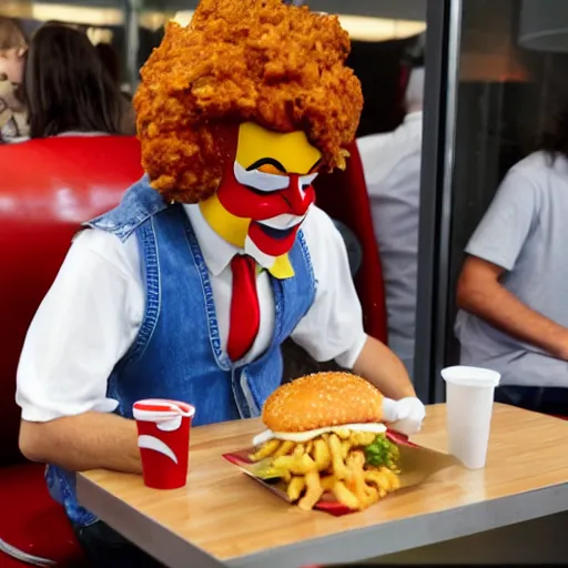 Image similar to Paparazzi Photograph of Ronald Mcdonald eating Kentucky Fried Chicken at Burger King