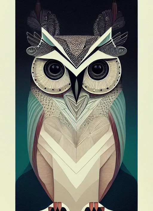 Image similar to portrait of a geometric owl, identical eyes, medium shot, illustration, full body made of white feathers, symmetrical, art stand, super detailed, cinematic lighting, and its detailed and intricate, gorgeous, by peter mohrbacher