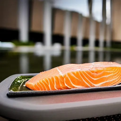 Prompt: Salmon fish wearing a suit and tie, ready for a meeting, outdoors business portrait, close