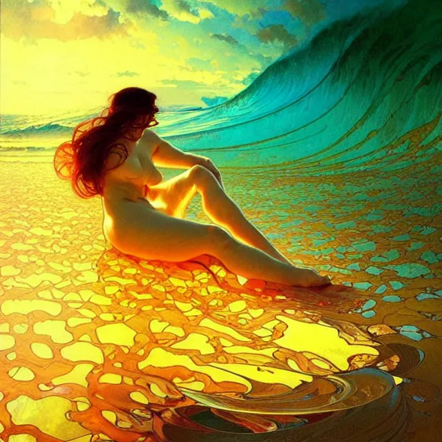 Image similar to mind bending ocean waves of glossy psychedelic liquid honey drops flowing like kaleidoscopic translucent amber, lsd waves, lsd ripples, crystal clear, backlit, sunset, refracted lighting, art by collier, albert aublet, krenz cushart, artem demura, alphonse mucha