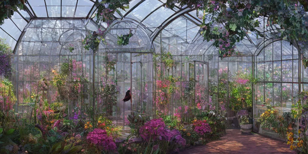 Prompt: glass greenhouse, birds, flowers, fairy tale, evening lights, highly detailed, low angle view, artstation, mysterious, comfort, in the style of aetherpunk