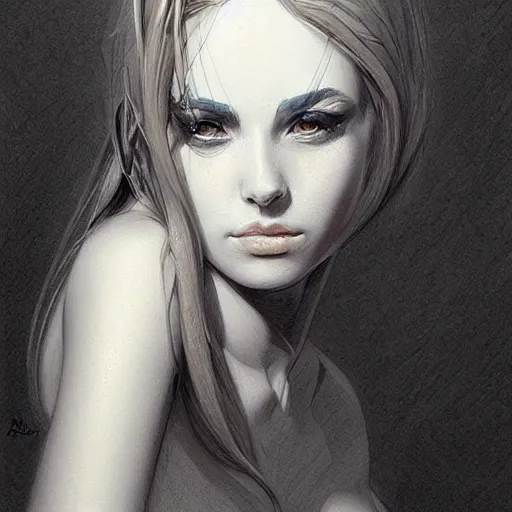 Prompt: a beautiful hyper realistic portrait pencil sketch from a picture of a French nubile with stoic attitude by Peter Mohrbacher Technical drawing blueprint