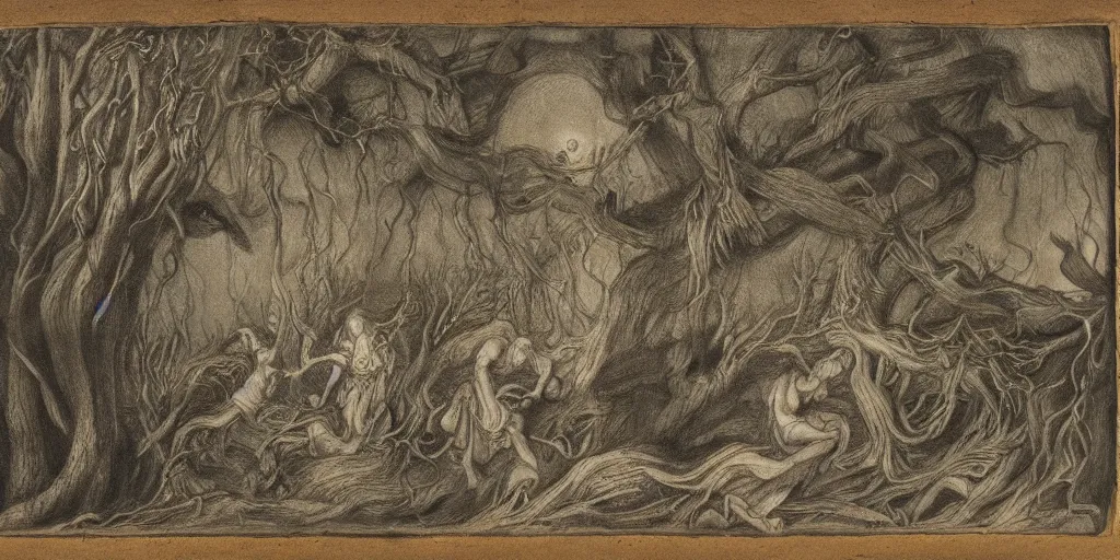 Image similar to expressive cloaked flowing shadow demon lurking in a dense creepy, mythical woodland. beautiful angles holding golden chains in the sky. 1 7 th century colored graphite heightened with opaque paints miniature on vellum.